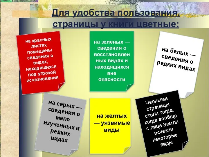 Для удобства пользования, страницы у книги цветные: на красных листах помещены