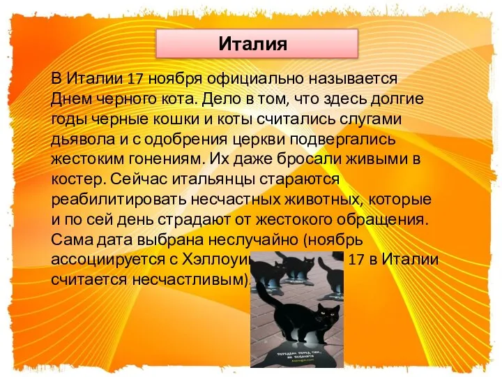 Италия В Италии 17 ноября официально называется Днем черного кота. Дело