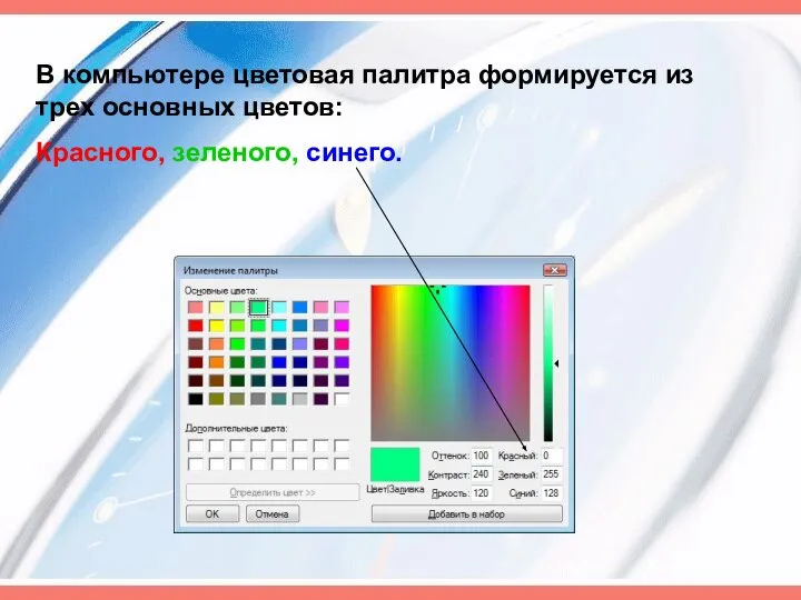 В компьютере цветовая палитра формируется из трех основных цветов: Красного, зеленого, синего.