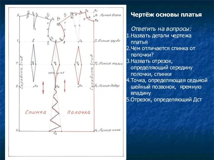 Чертёж основы платья Ответить на вопросы: Назвать детали чертежа платья Чем