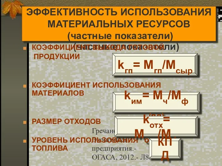 Гречановская И.Г. Экономика предприятия.-ОГАСА, 2012.- Л8. ЭФФЕКТИВНОСТЬ ИСПОЛЬЗОВАНИЯ МАТЕРИАЛЬНЫХ РЕСУРСОВ (частные