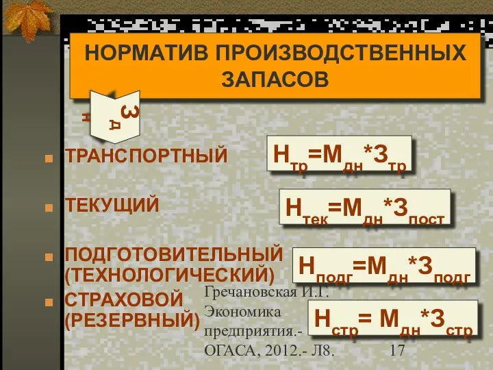 Гречановская И.Г. Экономика предприятия.-ОГАСА, 2012.- Л8. НОРМАТИВ ПРОИЗВОДСТВЕННЫХ ЗАПАСОВ ТРАНСПОРТНЫЙ ТЕКУЩИЙ