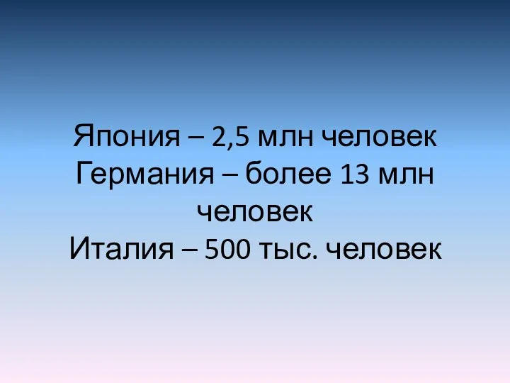 Япония – 2,5 млн человек Германия – более 13 млн человек Италия – 500 тыс. человек