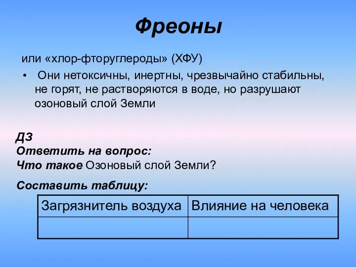 Фреоны или «хлор-фторуглероды» (ХФУ) Они нетоксичны, инертны, чрезвычайно стабильны, не горят,