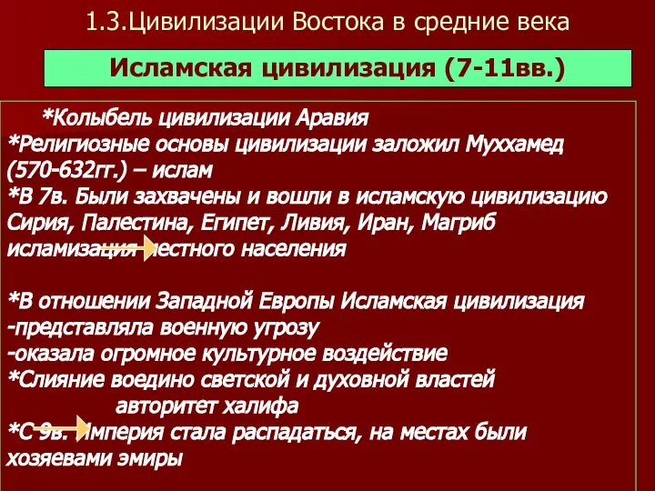 1.3.Цивилизации Востока в средние века Исламская цивилизация (7-11вв.) *Колыбель цивилизации Аравия