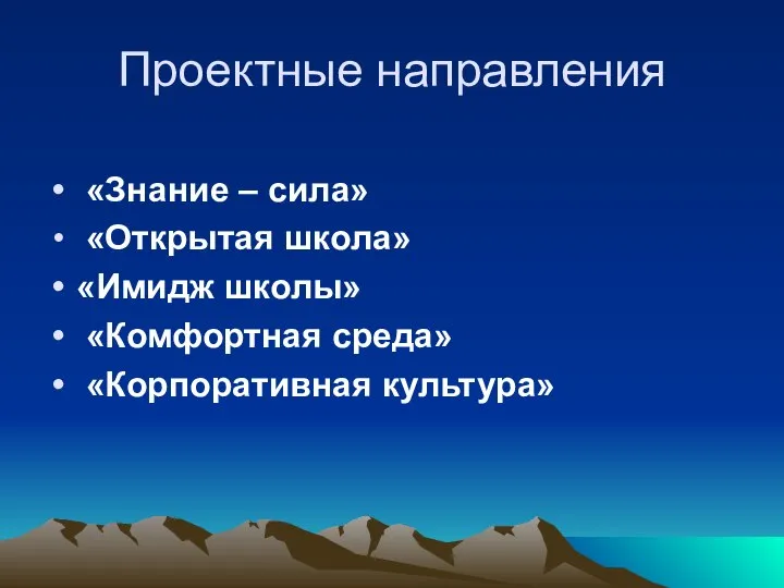 Проектные направления «Знание – сила» «Открытая школа» «Имидж школы» «Комфортная среда» «Корпоративная культура»