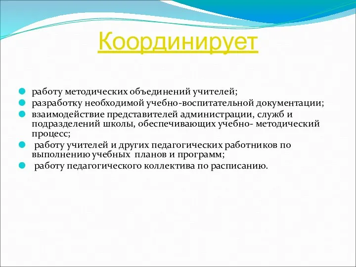 Координирует работу методических объединений учителей; разработку необходимой учебно-воспитательной документации; взаимодействие представителей