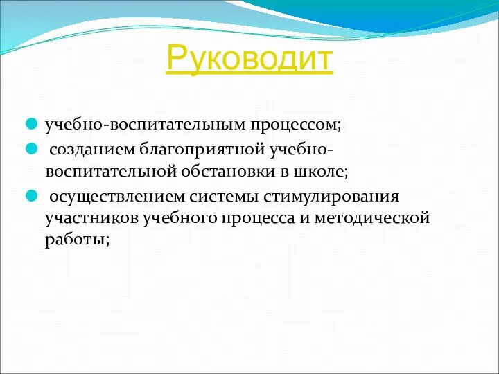 Руководит учебно-воспитательным процессом; созданием благоприятной учебно-воспитательной обстановки в школе; осуществлением системы