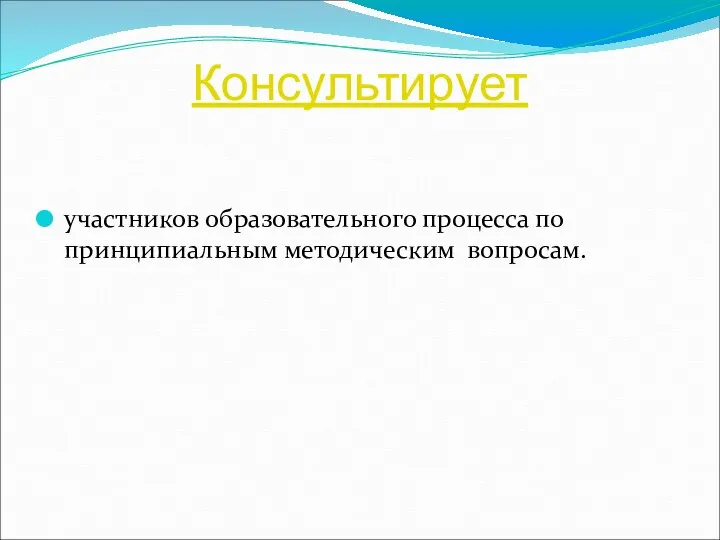 Консультирует участников образовательного процесса по принципиальным методическим вопросам.