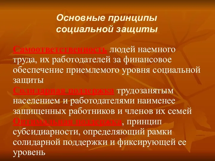 Основные принципы социальной защиты Самоответственность людей наемного труда, их работодателей за