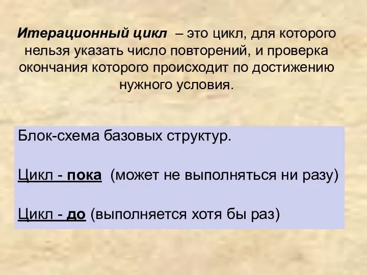 Итерационный цикл – это цикл, для которого нельзя указать число повторений,