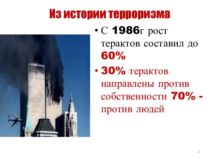 Из истории терроризма С 1986г рост терактов составил до 60% 30%