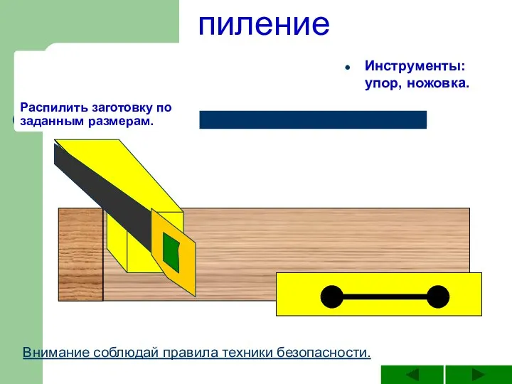 Распилить заготовку по заданным размерам. Инструменты: упор, ножовка. Внимание соблюдай правила техники безопасности. пиление