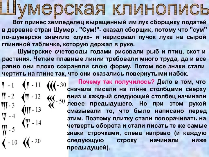 Шумерская клинопись Вот принес земледелец выращенный им лук сборщику податей в