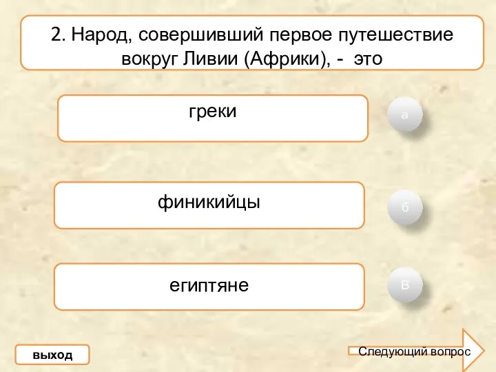 а б В 2. Народ, совершивший первое путешествие вокруг Ливии (Африки),