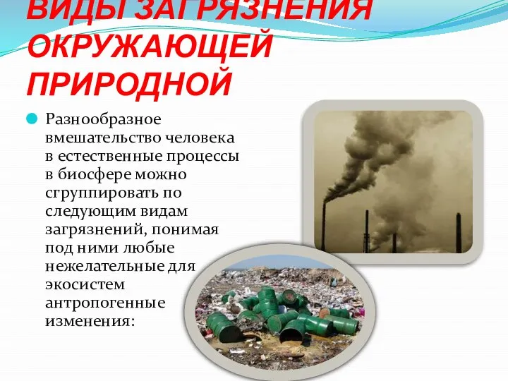 ВИДЫ ЗАГРЯЗНЕНИЯ ОКРУЖАЮЩЕЙ ПРИРОДНОЙ Разнообразное вмешательство человека в естественные процессы в