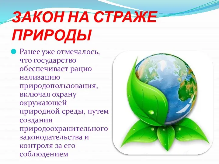 ЗАКОН НА СТРАЖЕ ПРИРОДЫ Ранее уже отмечалось, что государство обеспечивает рацио­нализацию