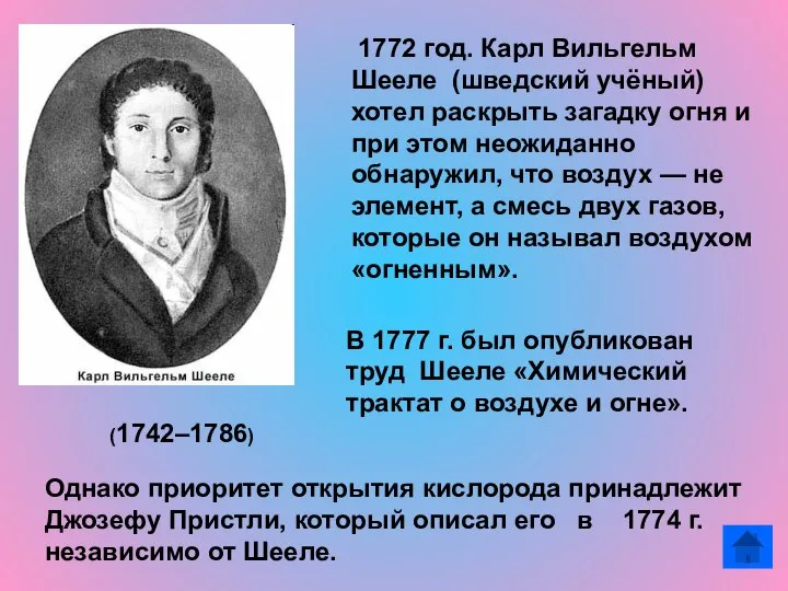 1772 год. Карл Вильгельм Шееле (шведский учёный) хотел раскрыть загадку огня