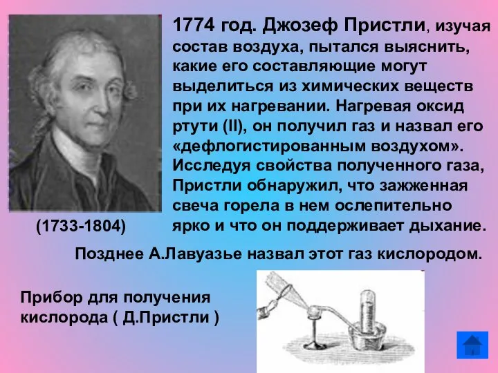 1774 год. Джозеф Пристли, изучая состав воздуха, пытался выяснить, какие его