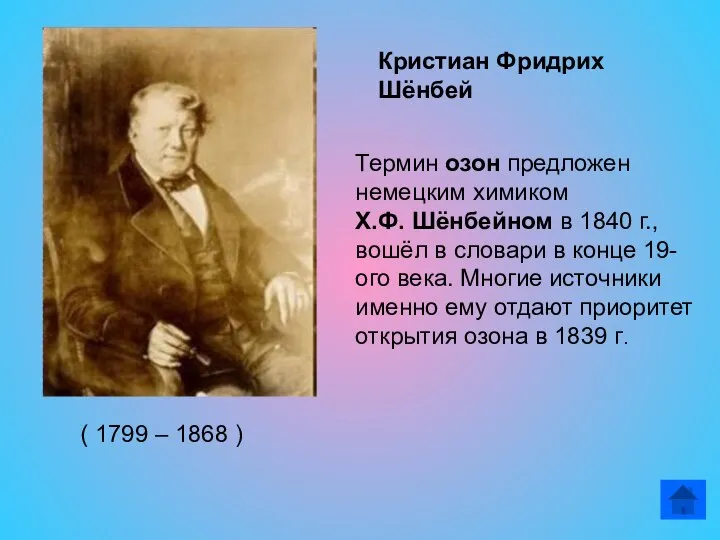 ( 1799 – 1868 ) Кристиан Фридрих Шёнбей Термин озон предложен