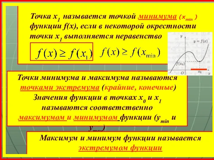 Точка х1 называется точкой минимума (xmin ) функции f(x), если в