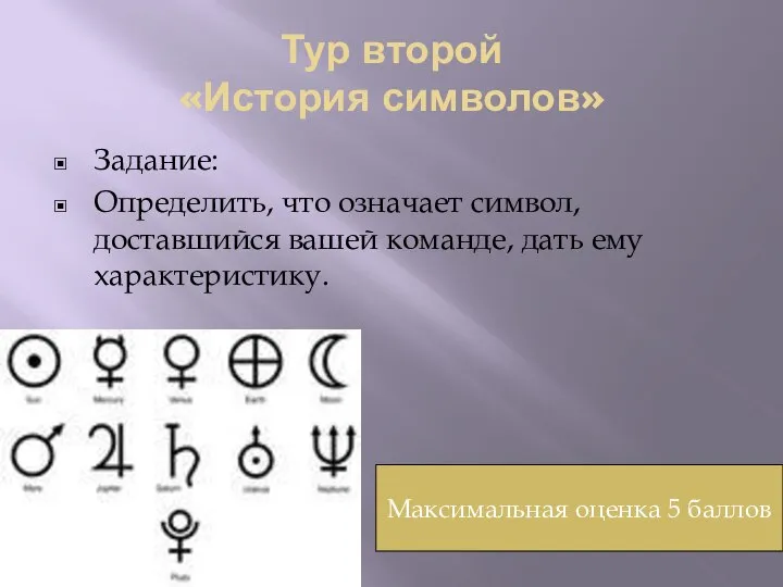 Тур второй «История символов» Задание: Определить, что означает символ, доставшийся вашей