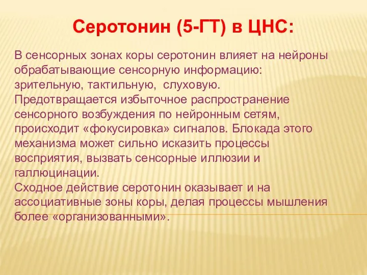 Дневное отделение фармацевтического факультета Серотонин (5-ГТ) в ЦНС: В сенсорных зонах