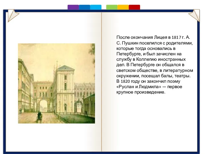 Лицей После окончания Лицея в 1817 г. А.С. Пушкин поселился с