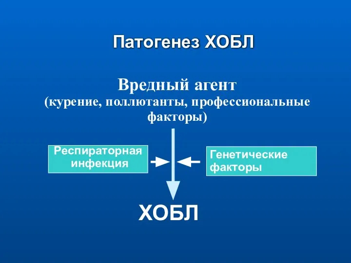 Патогенез ХОБЛ Вредный агент (курение, поллютанты, профессиональные факторы) ХОБЛ Генетические факторы Респираторная инфекция