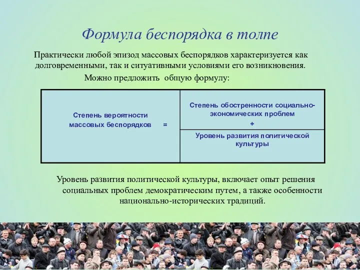 Формула беспорядка в толпе Практически любой эпизод массовых беспорядков характеризуется как