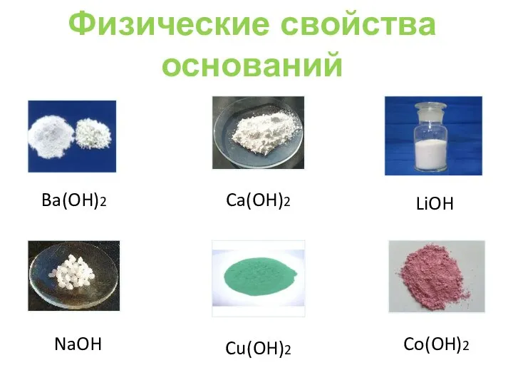 Физические свойства оснований Ba(OH)2 Co(OH)2 NaOH Ca(OH)2 LiOH Cu(OH)2