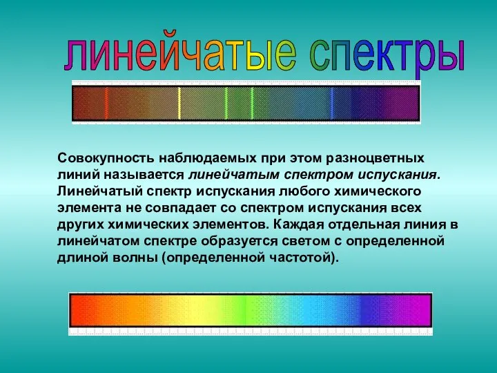линейчатые спектры Совокупность наблюдаемых при этом разноцветных линий называется линейчатым спектром