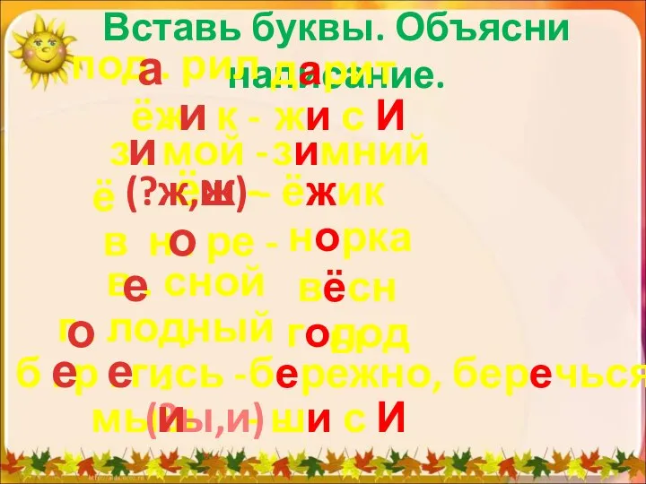 Вставь буквы. Объясни написание. под . рил - дарит ёж .