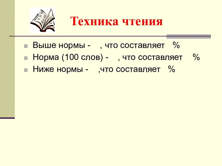 Техника чтения Выше нормы - , что составляет % Норма (100