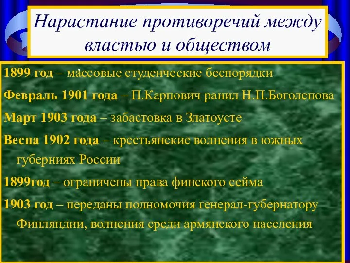 1899 год – массовые студенческие беспорядки Февраль 1901 года – П.Карпович