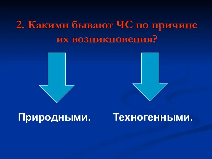 2. Какими бывают ЧС по причине их возникновения? Природными. Техногенными.