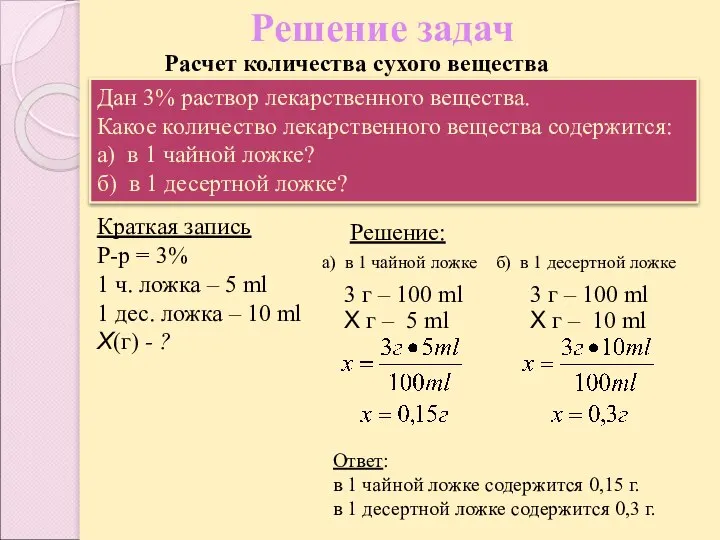 Решение задач Ответ: в 1 чайной ложке содержится 0,15 г. в