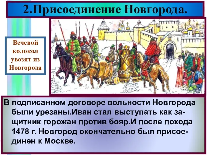 2.Присоединение Новгорода. В Новгороде население разделилось на сторон- ников и противников