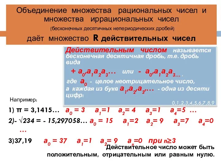 Действительным числом называется бесконечная десятичная дробь, т.е. дробь вида + а0,а1а2а3…