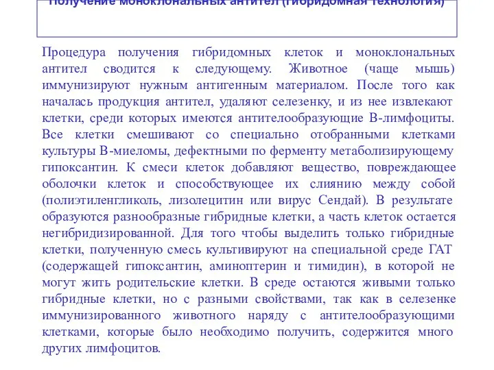 Получение моноклональных антител (гибридомная технология) Процедура получения гибридомных клеток и моноклональных