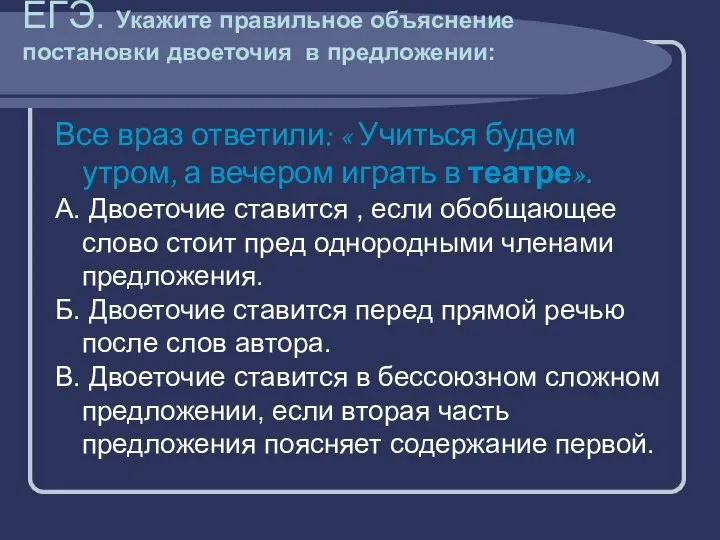 ЕГЭ. Укажите правильное объяснение постановки двоеточия в предложении: Все враз ответили: