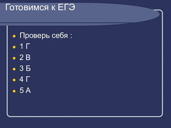 Готовимся к ЕГЭ Проверь себя : 1 Г 2 В 3 Б 4 Г 5 А