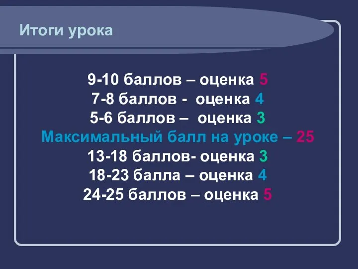 9-10 баллов – оценка 5 7-8 баллов - оценка 4 5-6