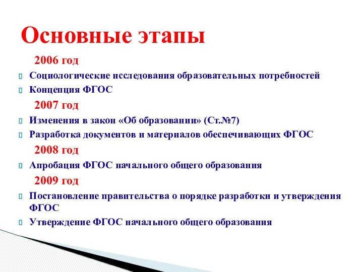 Основные этапы 2006 год Социологические исследования образовательных потребностей Концепция ФГОС 2007