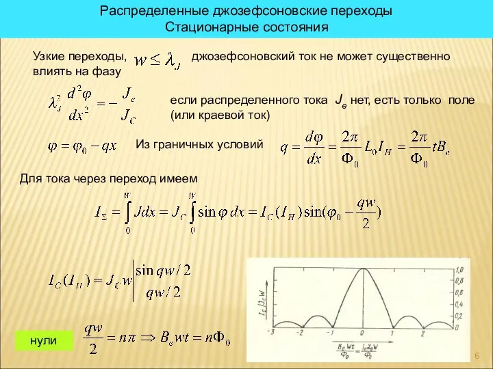 Распределенные джозефсоновские переходы Стационарные состояния Узкие переходы, джозефсоновский ток не может