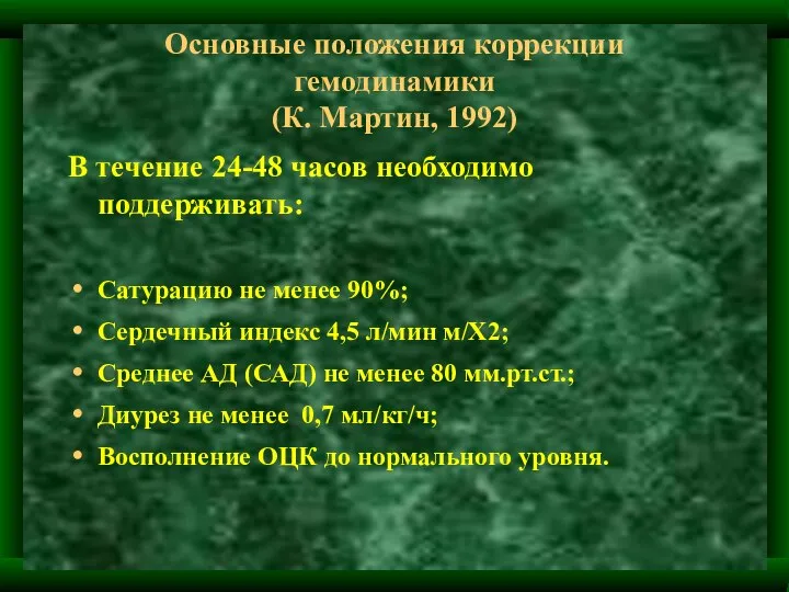 Основные положения коррекции гемодинамики (К. Мартин, 1992) В течение 24-48 часов