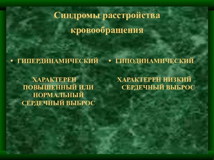 Синдромы расстройства кровообращения ГИПЕРДИНАМИЧЕСКИЙ ХАРАКТЕРЕН ПОВЫШЕННЫЙ ИЛИ НОРМАЛЬНЫЙ СЕРДЕЧНЫЙ ВЫБРОС ГИПОДИНАМИЧЕСКИЙ ХАРАКТЕРЕН НИЗКИЙ СЕРДЕЧНЫЙ ВЫБРОС