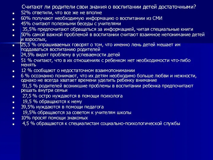 Считают ли родители свои знания о воспитании детей достаточными? 52% ответили,