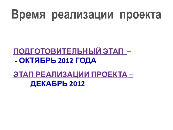 ПОДГОТОВИТЕЛЬНЫЙ ЭТАП – - ОКТЯБРЬ 2012 ГОДА ЭТАП РЕАЛИЗАЦИИ ПРОЕКТА – ДЕКАБРЬ 2012 Время реализации проекта