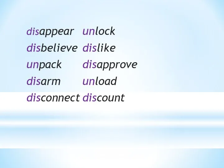 disappear unlock disbelieve dislike unpack disapprove disarm unload disconnect discount